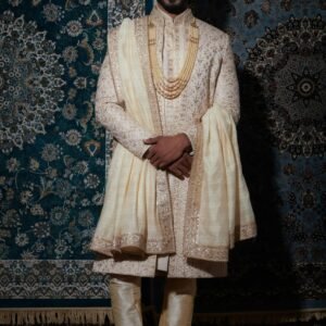 Antique Gold Stone Work Sherwani Set