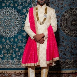 Royal Ivory Sherwani Set with Pink Dupatta & Turban