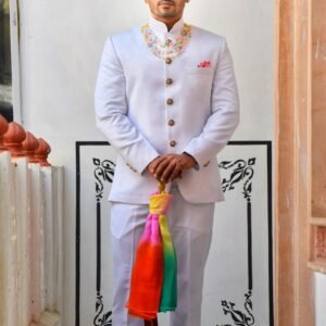 Classic White Indo-Western Sherwani Suit with Multicolor Dupatta
